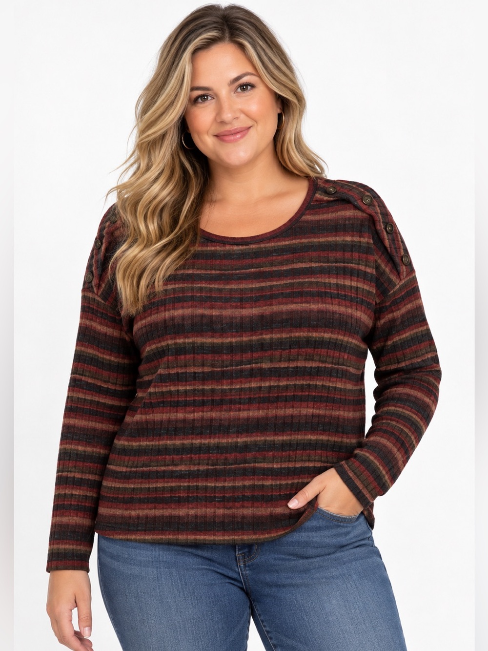 BKE Striped Long Sleeve Button Shoulder Sweater Size Large